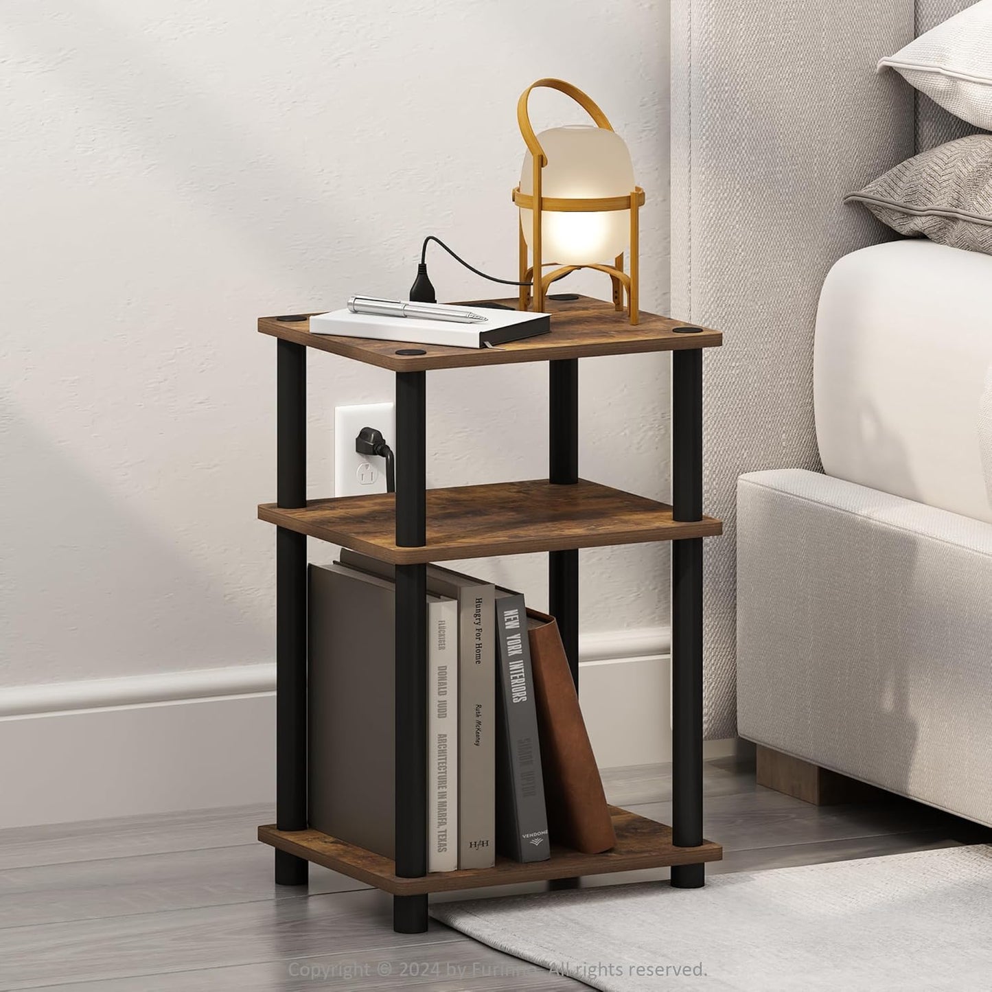 Furinno Just 3-Tier Turn-N-Tube Open Storage Nightstand, 1-Pack, Plastic Poles, Americano/Black