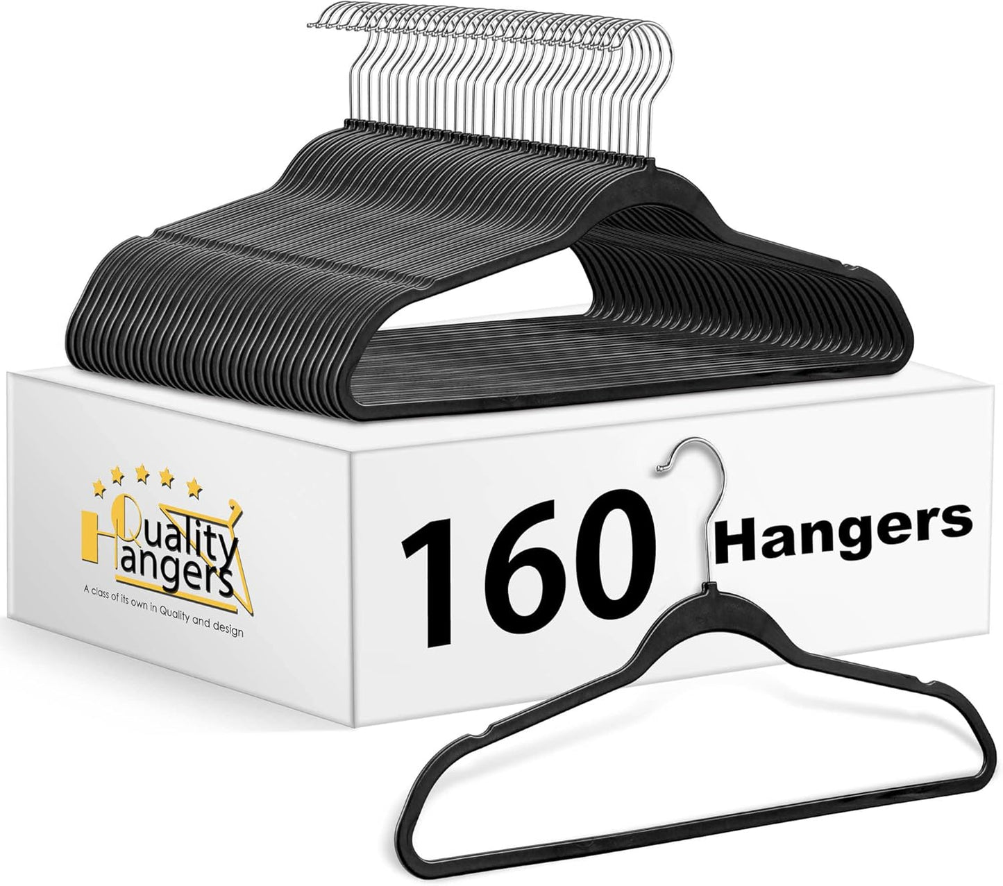 Quality Hangers 50 Pack Slim Plastic Hangers for Clothes - Heavy Duty Non-Velvet Black Hangers with 360° Swivel Chrome Hook & Non Slip Notches - Ideal for Dresses Coats Shirts Jackets & More - Black