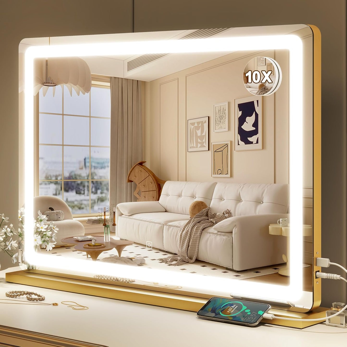 Vanity Mirror with Lights, 12.6"×15" LED Makeup Mirror, Lighted Makeup Mirror with Lights, Smart Touch Control Dimmable 3 Modes Light, Lighted Up Mirror for Makeup Desk, Bedroom, Dressing Room