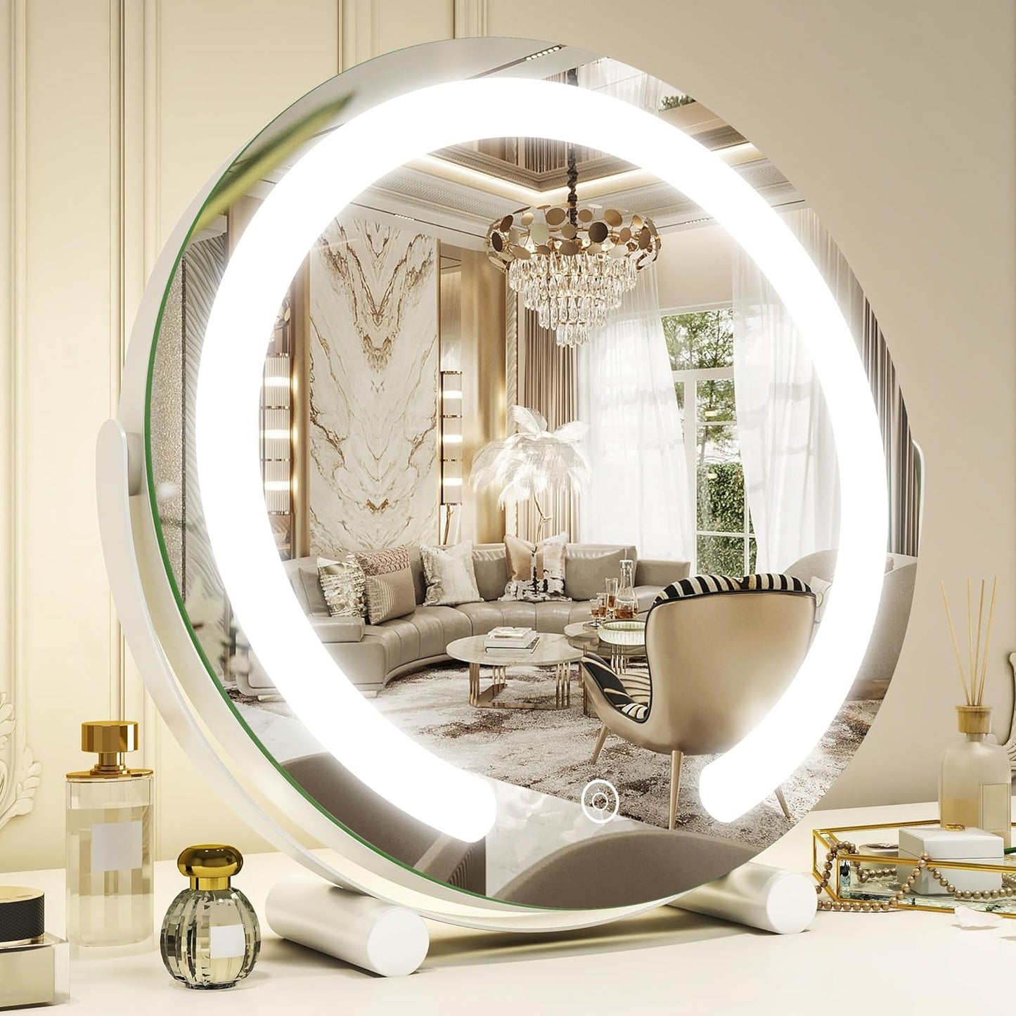 HNV Vanity Mirror with Lights – 22" x17 Large Lighted Makeup Mirror, Dimmable 3-Color LED, Touch Screen, 360° Rotation for Desk/Bedroom (White)