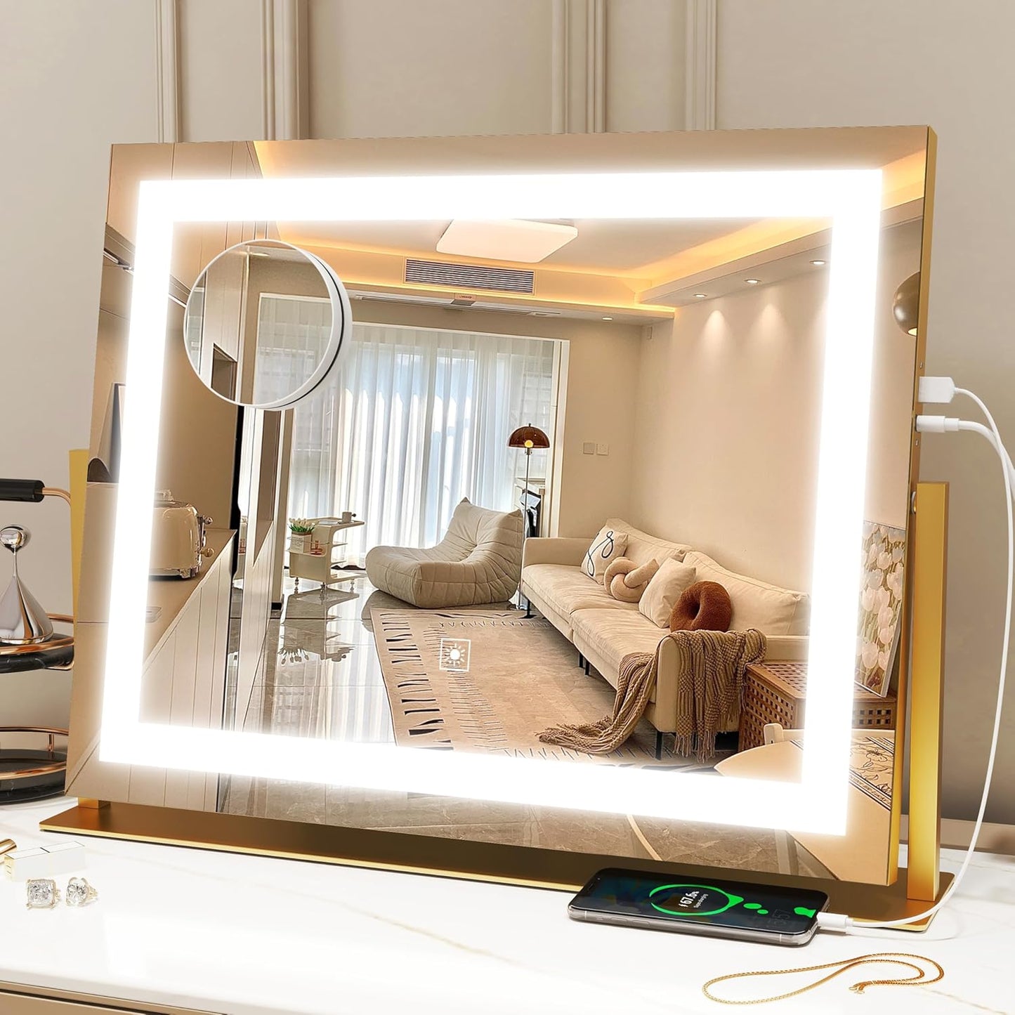 Vanity Mirror with Lights, 12.6"×15" LED Makeup Mirror, Lighted Makeup Mirror with Lights, Smart Touch Control Dimmable 3 Modes Light, Lighted Up Mirror for Makeup Desk, Bedroom, Dressing Room