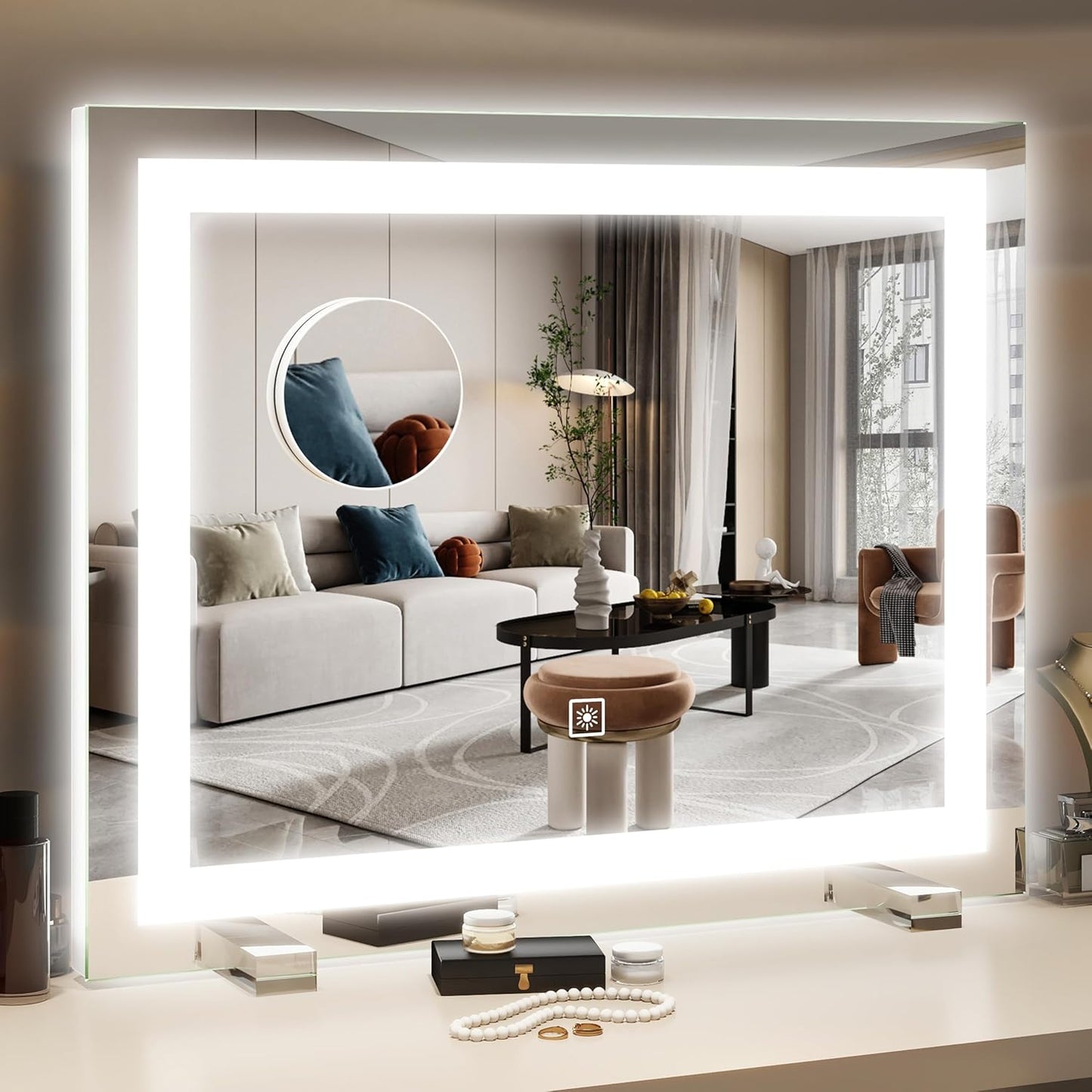 HNV Vanity Mirror with Lights – 22" x17 Large Lighted Makeup Mirror, Dimmable 3-Color LED, Touch Screen, 360° Rotation for Desk/Bedroom (White)