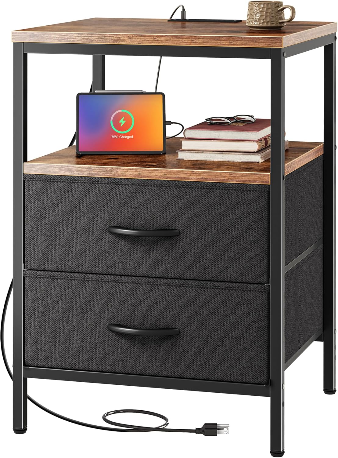 Huuger Nightstand with Charging Station, Side Table with Fabric Drawers, End Table with Open Shelf, Bedside Table with USB Ports and Outlets, Night Stand for Bedroom, Rustic Brown and Black