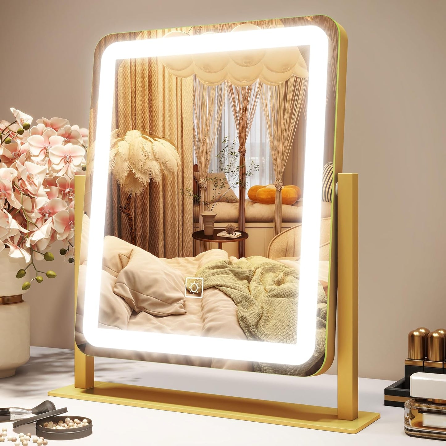 Vanity Mirror with Lights, 12.6"×15" LED Makeup Mirror, Lighted Makeup Mirror with Lights, Smart Touch Control Dimmable 3 Modes Light, Lighted Up Mirror for Makeup Desk, Bedroom, Dressing Room