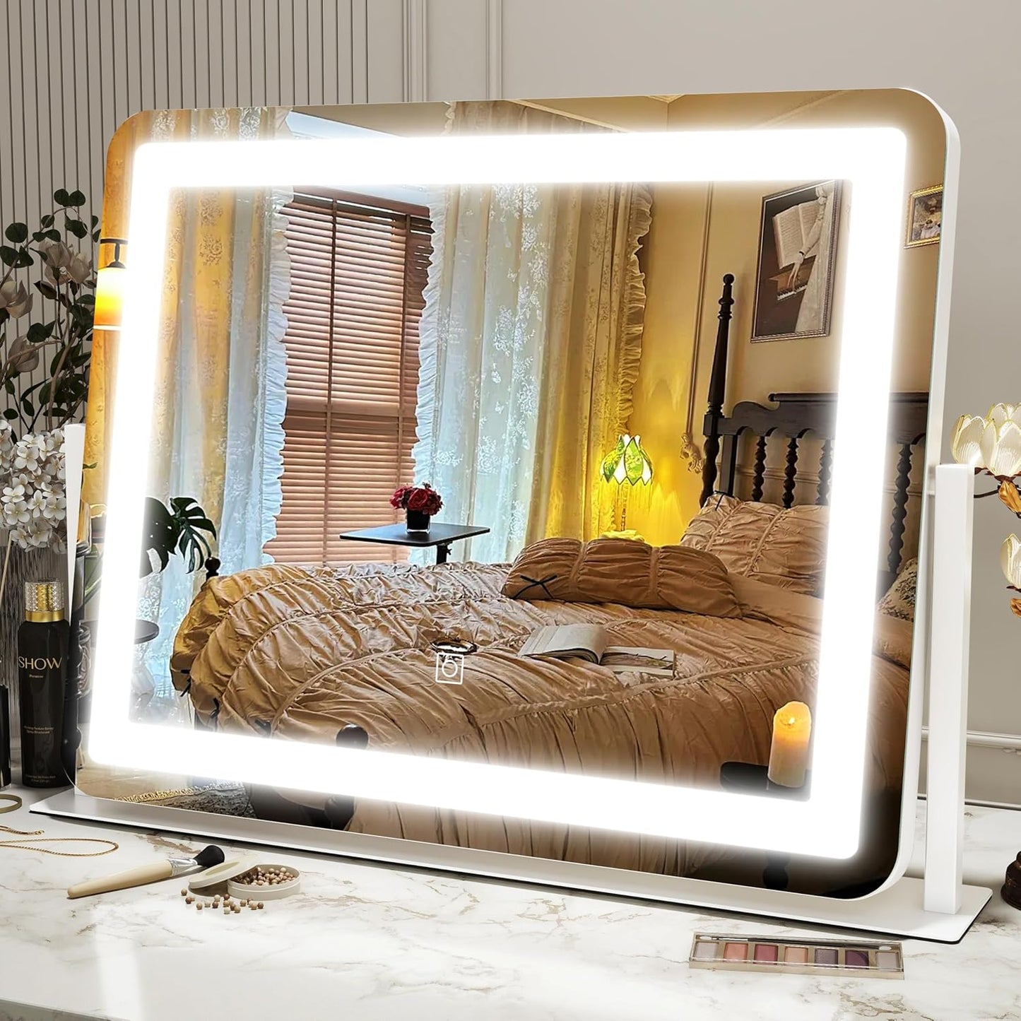 HNV Vanity Mirror with Lights – 22" x17 Large Lighted Makeup Mirror, Dimmable 3-Color LED, Touch Screen, 360° Rotation for Desk/Bedroom (White)