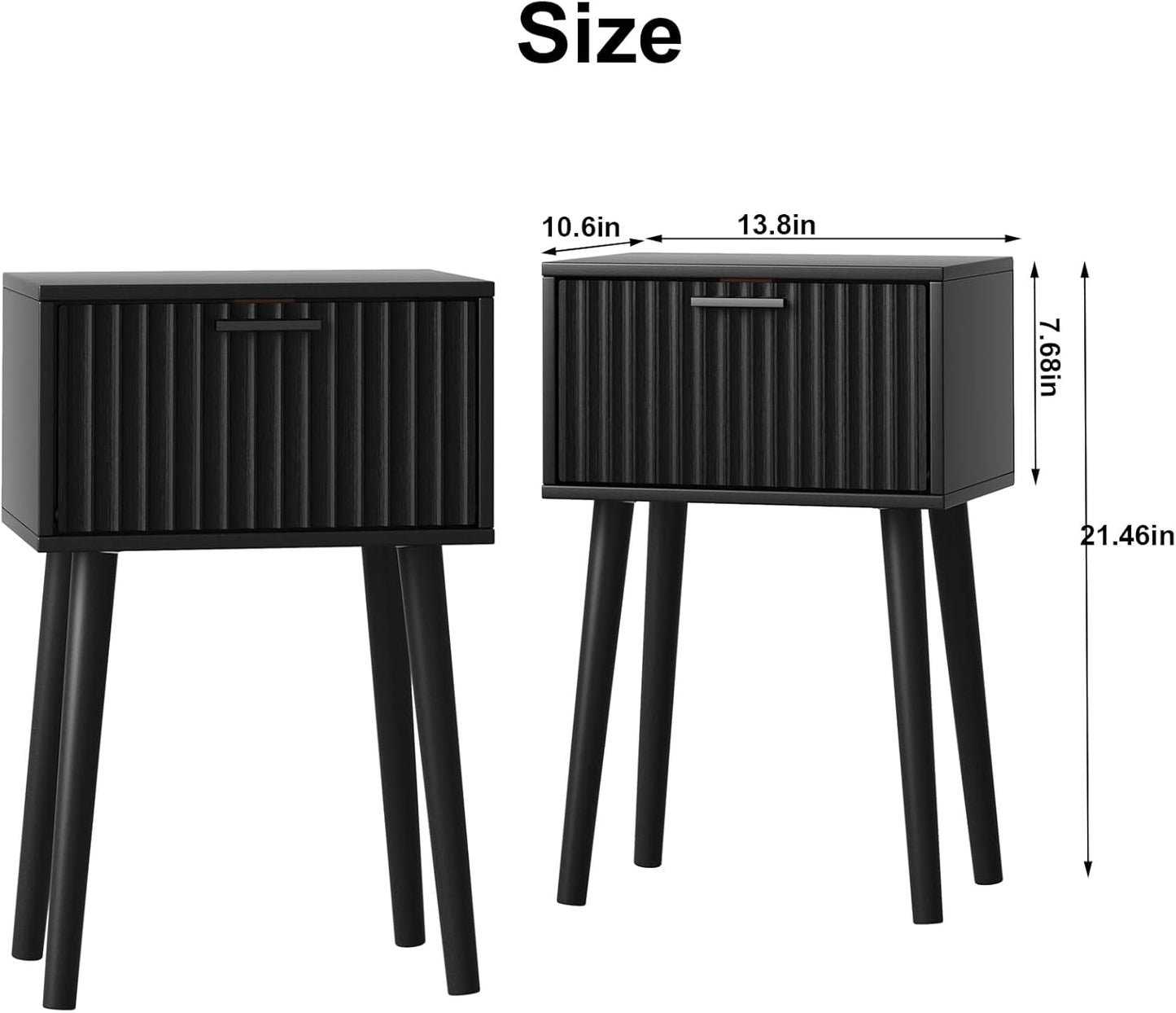LAATOOREE Nightstands Set of 2, Small Side Table, Bedside Table with Fluted Door, Solid Wood Feet; Modern Mid-Century End Table for Bedroom, Small Space (Black)