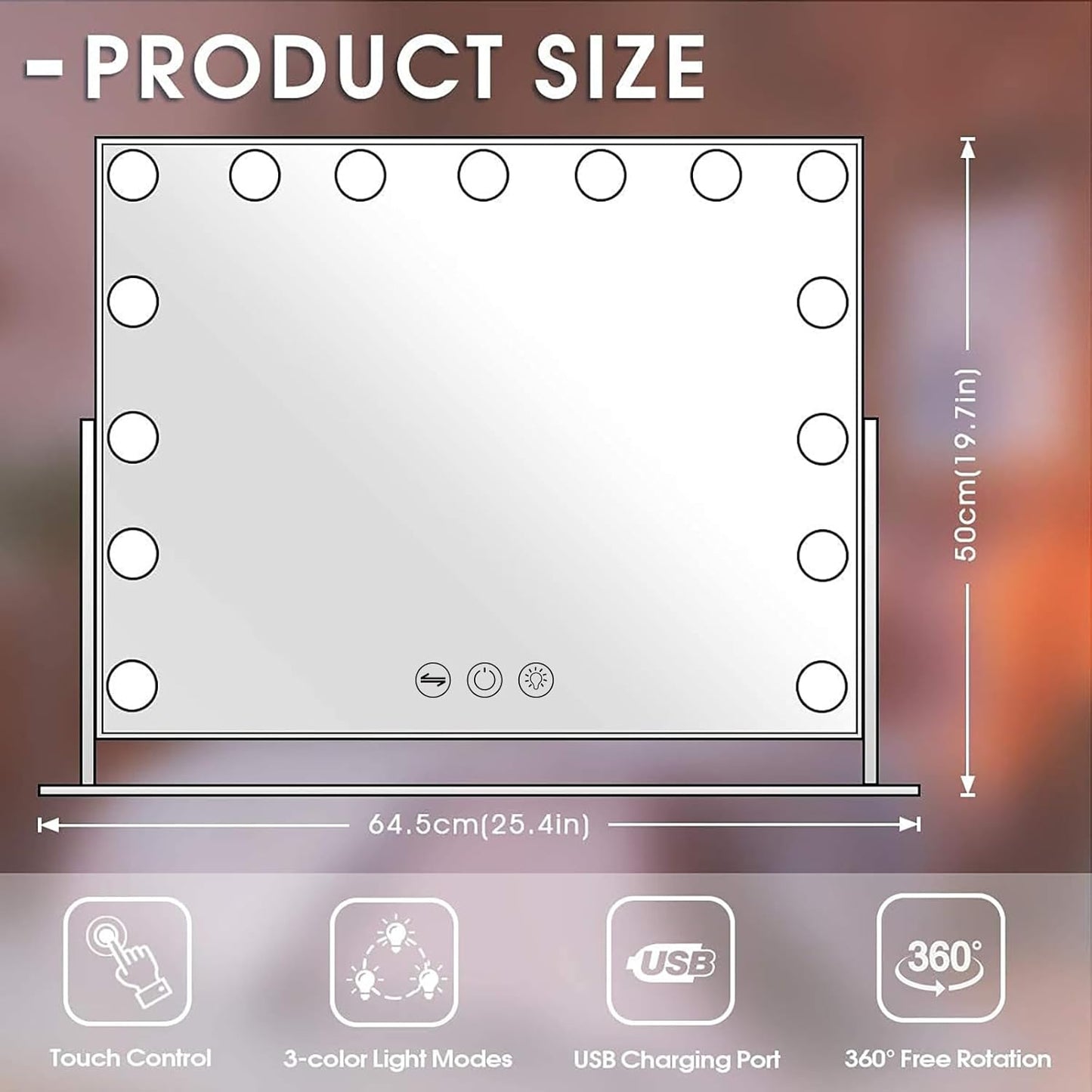 MISAVANITY Large Vanity Makeup Mirror with Lights 23"X18" Lighted Hollywood Mirror with 10X Magnification and USB Charger for Bedroom Dressing Room Tabletop 15 Dimmable LED Lights 360 Degree Rotating