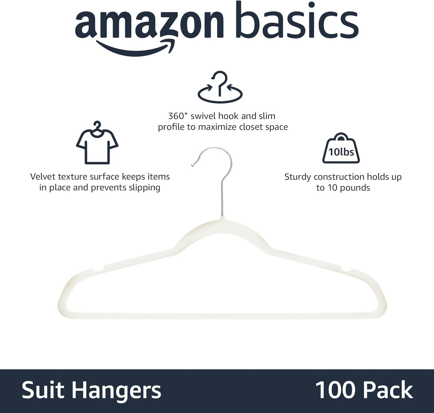 Amazon Basics Slim, Velvet, Non-Slip, Space-Saving Suit Clothes Hangers, Pack of 100, Ivory/Beige