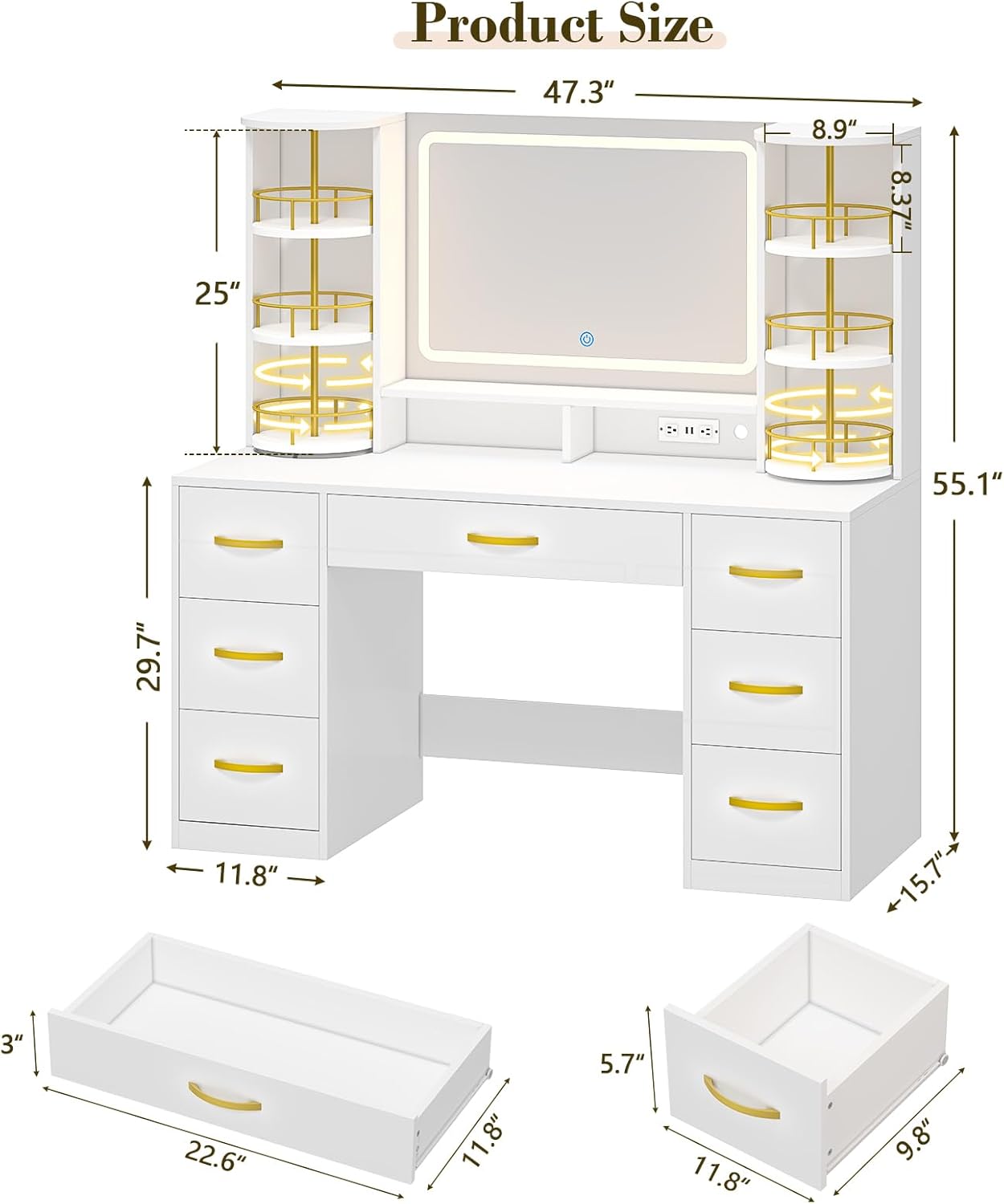 Vanity Desk with LED Mirror and 360 Rotating Makeup Organizer Shelves, White Makeup Vanity with Lights & Charging Station, Large Vanity Table with 6 Storage Drawers Bedroom Makeup Desk for Women Girls
