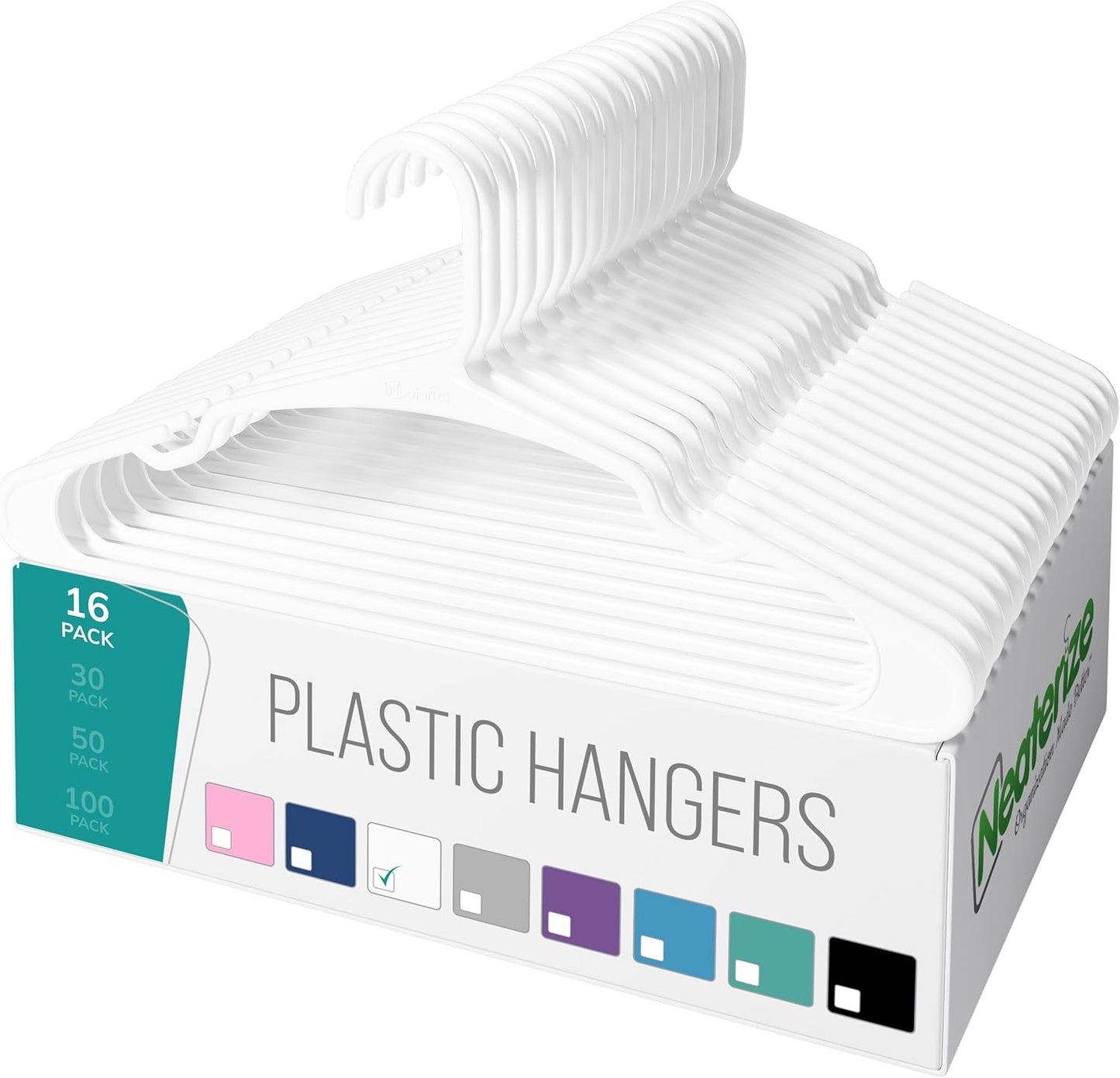 NEATERIZE Clothes Hangers 50 Pack White - Plastic Hangers - Ganchos Colgar Ropa