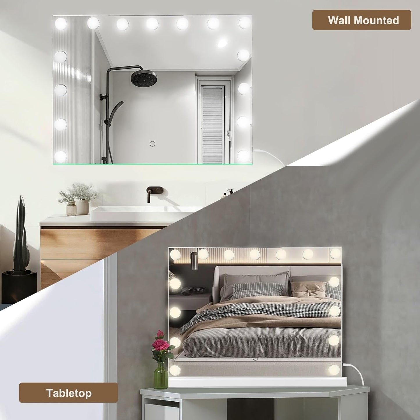 Hollywood Vanity Mirror with Lights, 23"x18" Lighted Makeup Mirror for Desk/Wall Mount with 15 Led Bulbs, 3 Lighting Modes for College Dorm, Bedroom & Dressing Room (White)