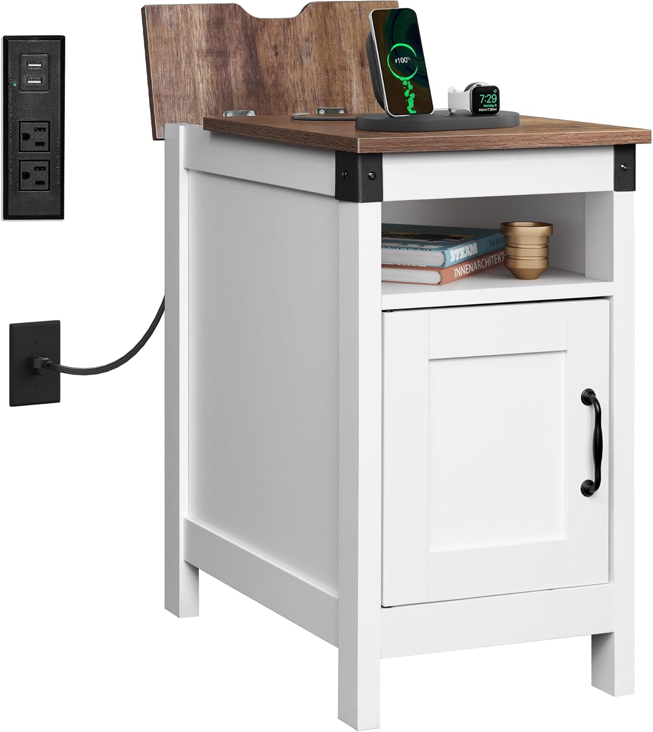 WLIVE End Table with Charging Station, Narrow Side Table for Living Room, Farmhouse Night Stand with Storage, Small Wooden Cabinet with USB Ports and Outlets for Living Room and Bedroom, Espresso