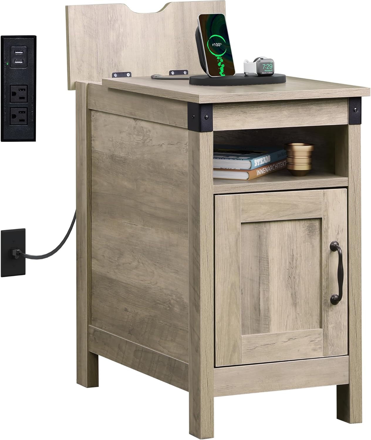 WLIVE End Table with Charging Station, Narrow Side Table for Living Room, Farmhouse Night Stand with Storage, Small Wooden Cabinet with USB Ports and Outlets for Living Room and Bedroom, Espresso