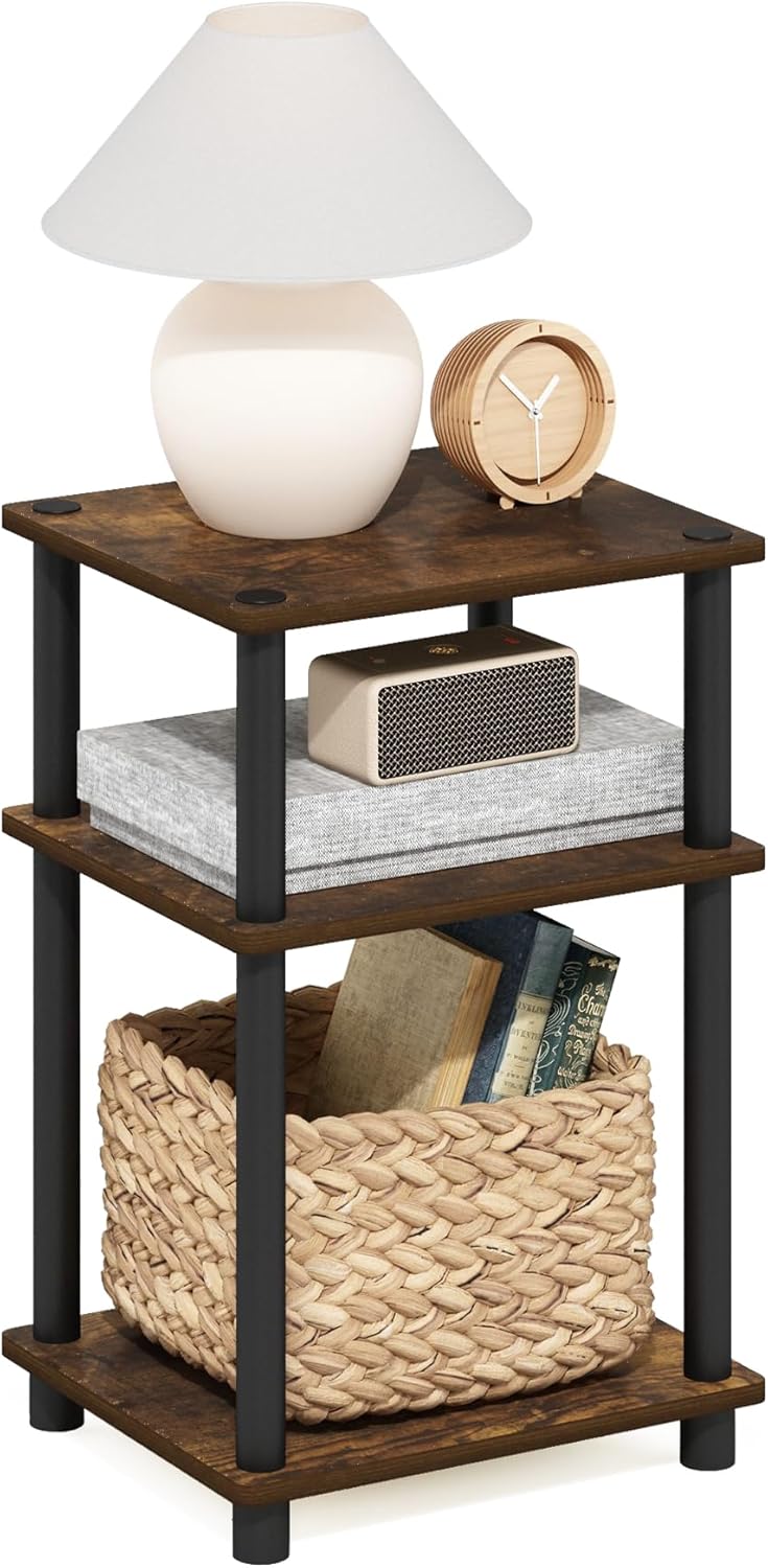 Furinno Just 3-Tier Turn-N-Tube End Table / Side Table / Night Stand / Bedside Table with Plastic Poles, 1-Pack, Columbia Walnut/Black