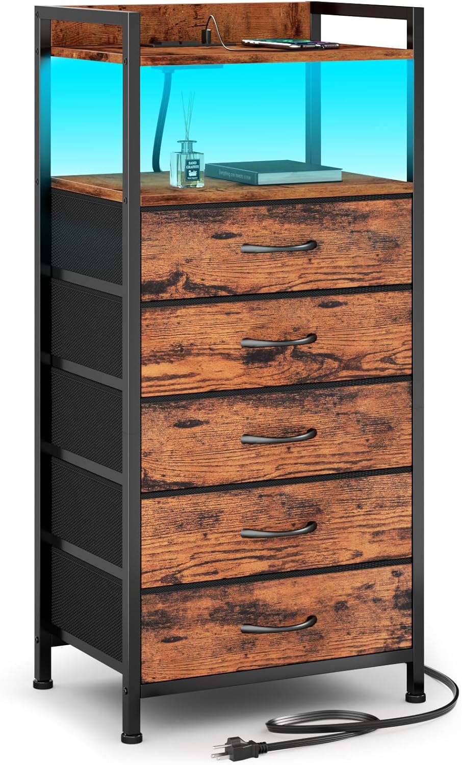 Furnulem Night Stand with Charging Station, Black Nightstand with Drawers and Led Light, Tall Dresser for Bedroom, Bedside Table with Fabric Storage Bins, Metal Frame, Wood Furniture