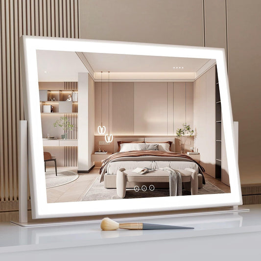 Vanity Mirror with Lights, Large Makeup Mirror with Lights, LED Lighted Makeup Mirror with 3 Color Light Modes, Smart Touch Tabletop Mirror for Makeup Desk 360° Rotation 22.8" x 18" White