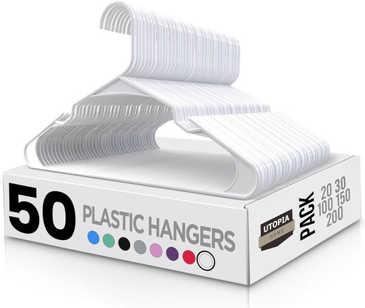 Utopia Home - Plastic Hangers 50 Pack - Space Saving Clothes Hanger - Durable and Strong Closet Organizers and Storage Makes It Ideal Apartment or Dorm Room Essentials for Girls or Guys (White)