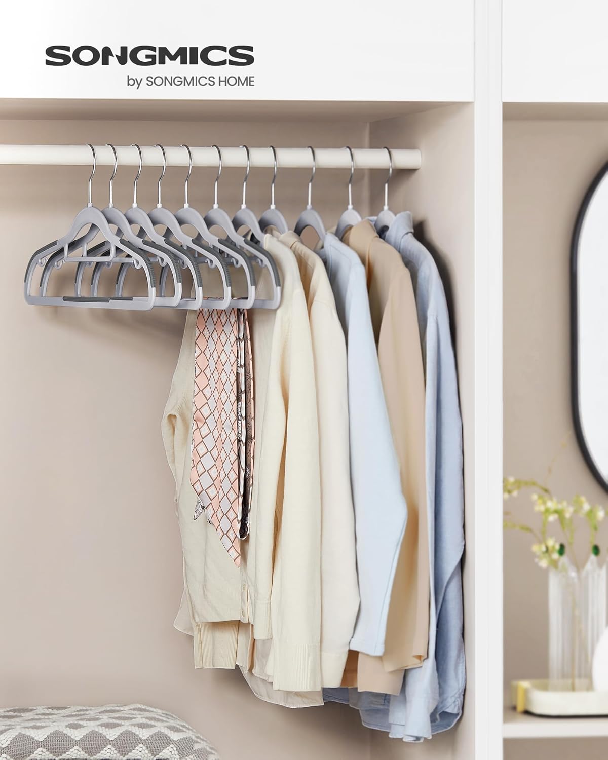 SONGMICS Pack of 50 Coat Hangers, Space-Saving Plastic Clothes Hangers, Non-Slip, 0.2 Inches Slim, 16.5 Inches Wide, 360° Swivel Silver Hook, Light and Dark Gray UCRP20G50