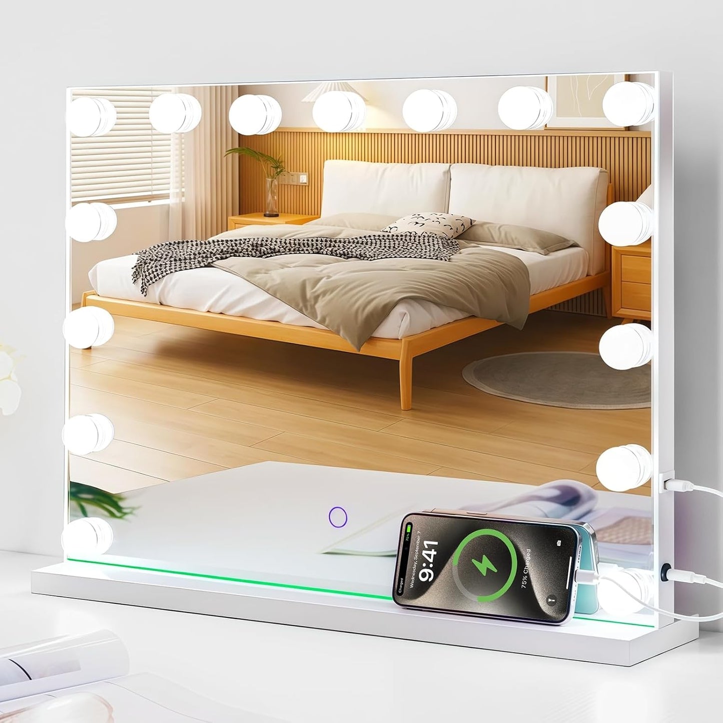 Hollywood Vanity Mirror with Lights, 23"x18" Lighted Makeup Mirror for Desk/Wall Mount with 15 Led Bulbs, 3 Lighting Modes for College Dorm, Bedroom & Dressing Room (White)