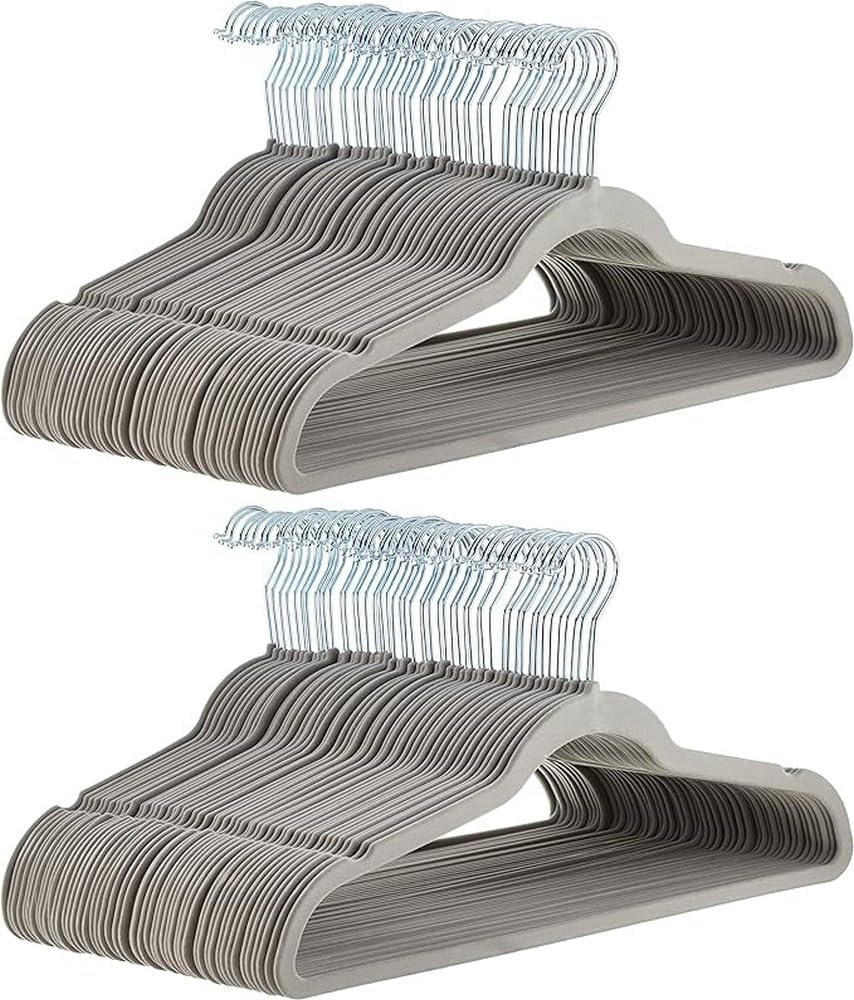 Amazon Basics Slim, Velvet, Non-Slip, Space-Saving Suit Clothes Hangers, Pack of 100, Ivory/Beige