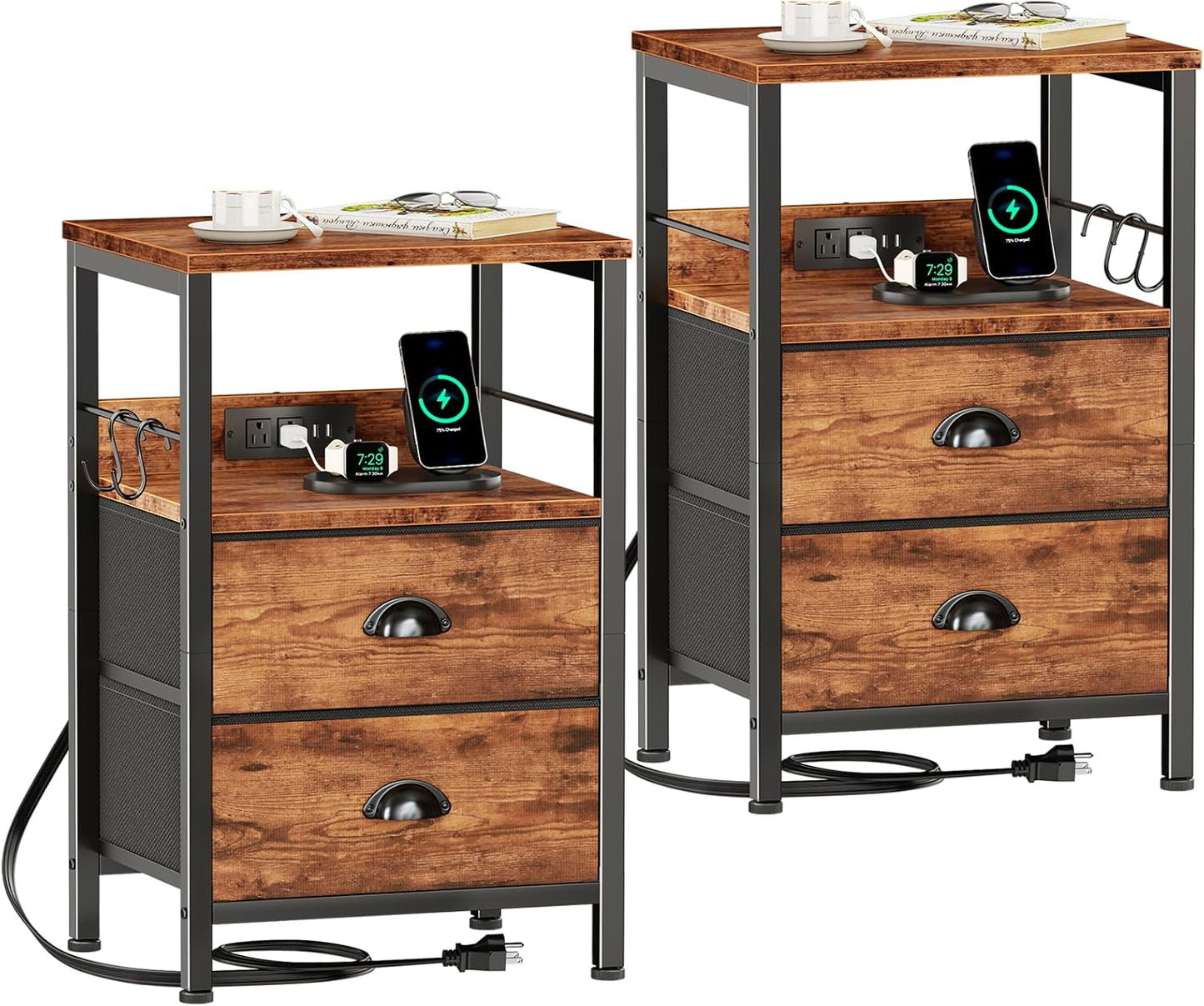 Furologee End Table with Charging Station, Nightstand with Fabric Drawers, Side Tables with USB Ports & Outlets, Night Stand with Storage Shelf & Hooks, for Living Room/Bedroom, White