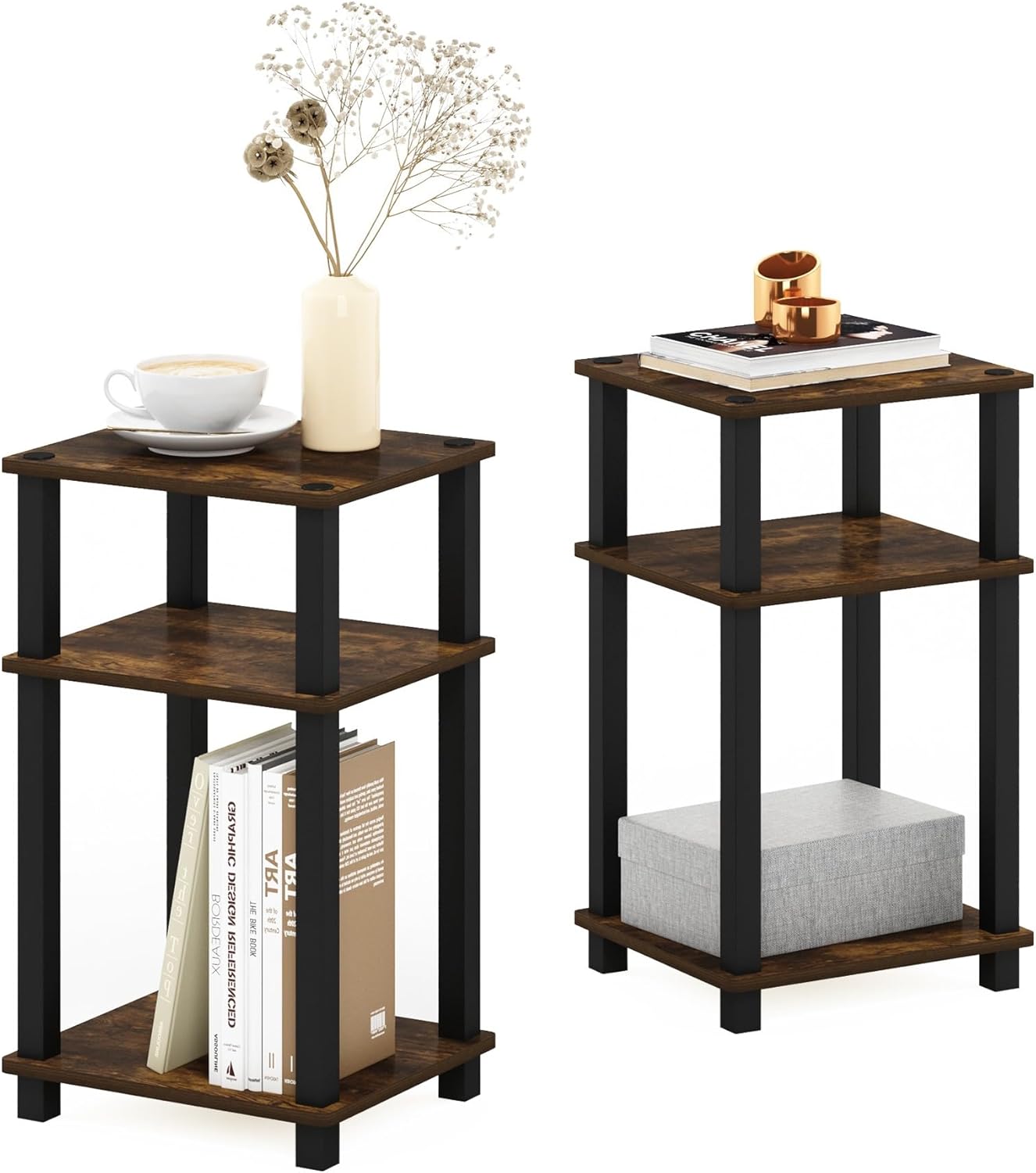 Furinno Just 3-Tier Turn-N-Tube End Table / Side Table / Night Stand / Bedside Table with Plastic Poles, 1-Pack, Columbia Walnut/Black