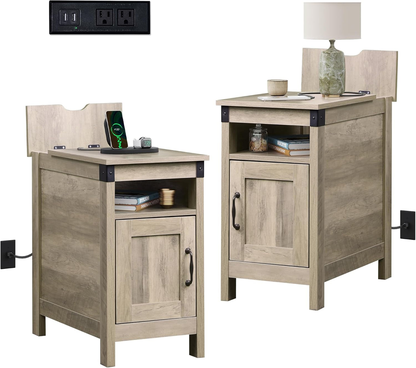 WLIVE End Table with Charging Station, Narrow Side Table for Living Room, Farmhouse Night Stand with Storage, Small Wooden Cabinet with USB Ports and Outlets for Living Room and Bedroom, Espresso