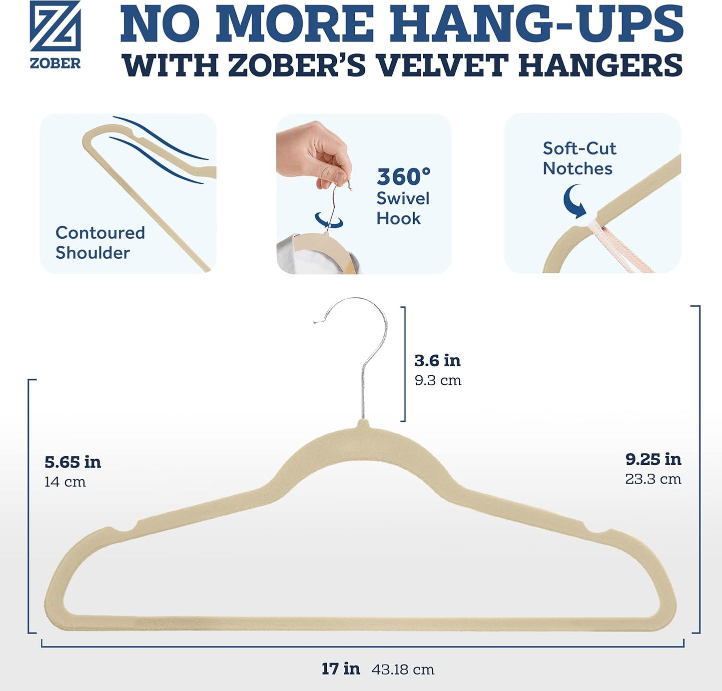 Zober Velvet Hangers 50 Pack - Ivory for Coats, Pants & Dress Clothes - Non Slip w/ 360 Degree Swivel, Holds up to 10 lbs - Strong Felt Hangers for Clothing