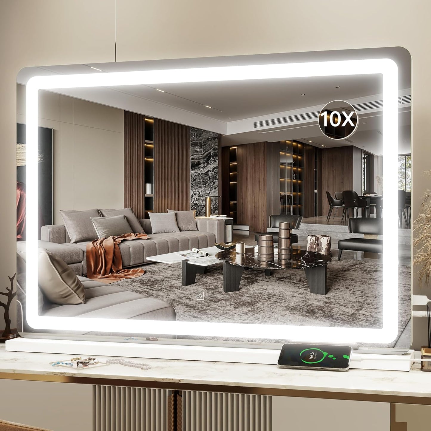 HNV Vanity Mirror with Lights – 22" x17 Large Lighted Makeup Mirror, Dimmable 3-Color LED, Touch Screen, 360° Rotation for Desk/Bedroom (White)
