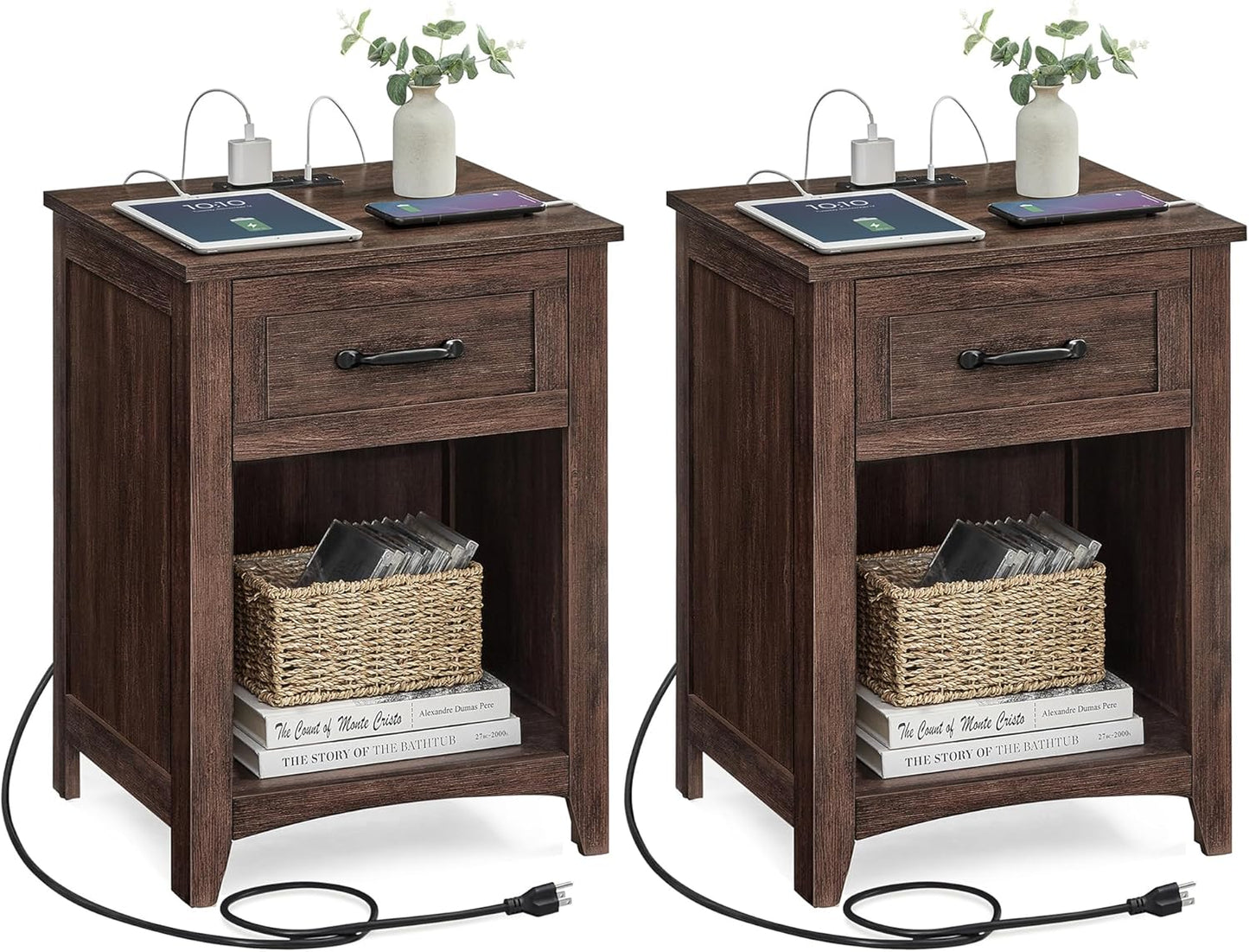 VASAGLE LIRY Collection - Farmhouse Nightstands with Charging Station, Set of 2 Bedside Tables, Side Tables with Drawer, Open Compartment, for Bedroom, Rustic White and Honey Brown ULET859K41