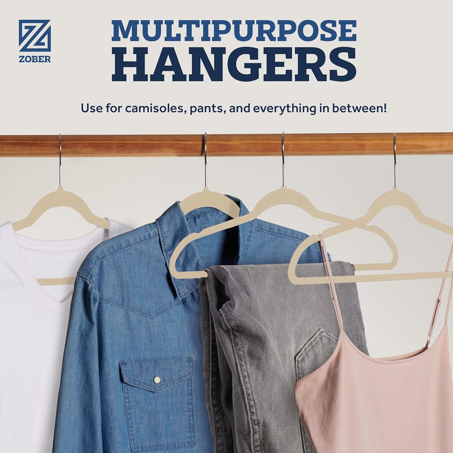 Zober Velvet Hangers 50 Pack - Ivory for Coats, Pants & Dress Clothes - Non Slip w/ 360 Degree Swivel, Holds up to 10 lbs - Strong Felt Hangers for Clothing