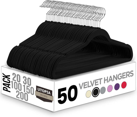 Utopia Home Velvet Hangers 50 Pack - Non-Slip Suit Hangers with 360 Degree Rotatable Hook - for Pants, Coats, Shirts & More (Black)