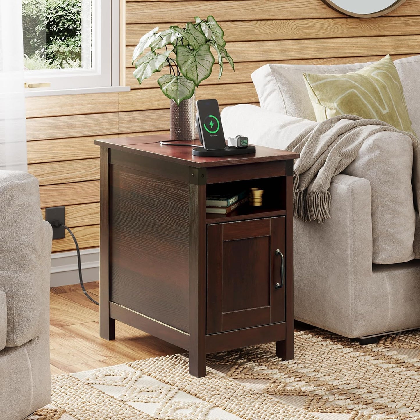 WLIVE End Table with Charging Station, Narrow Side Table for Living Room, Farmhouse Night Stand with Storage, Small Wooden Cabinet with USB Ports and Outlets for Living Room and Bedroom, Espresso