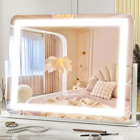 HNV Vanity Mirror with Lights – 22" x17 Large Lighted Makeup Mirror, Dimmable 3-Color LED, Touch Screen, 360° Rotation for Desk/Bedroom (White)