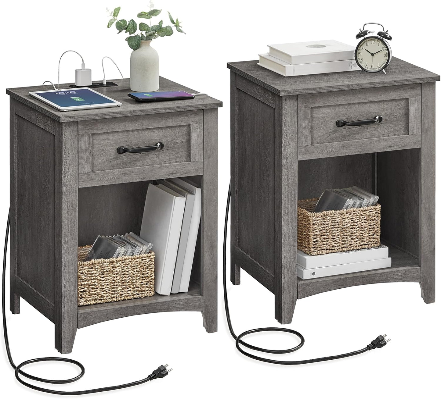 VASAGLE LIRY Collection - Farmhouse Nightstands with Charging Station, Set of 2 Bedside Tables, Side Tables with Drawer, Open Compartment, for Bedroom, Rustic White and Honey Brown ULET859K41