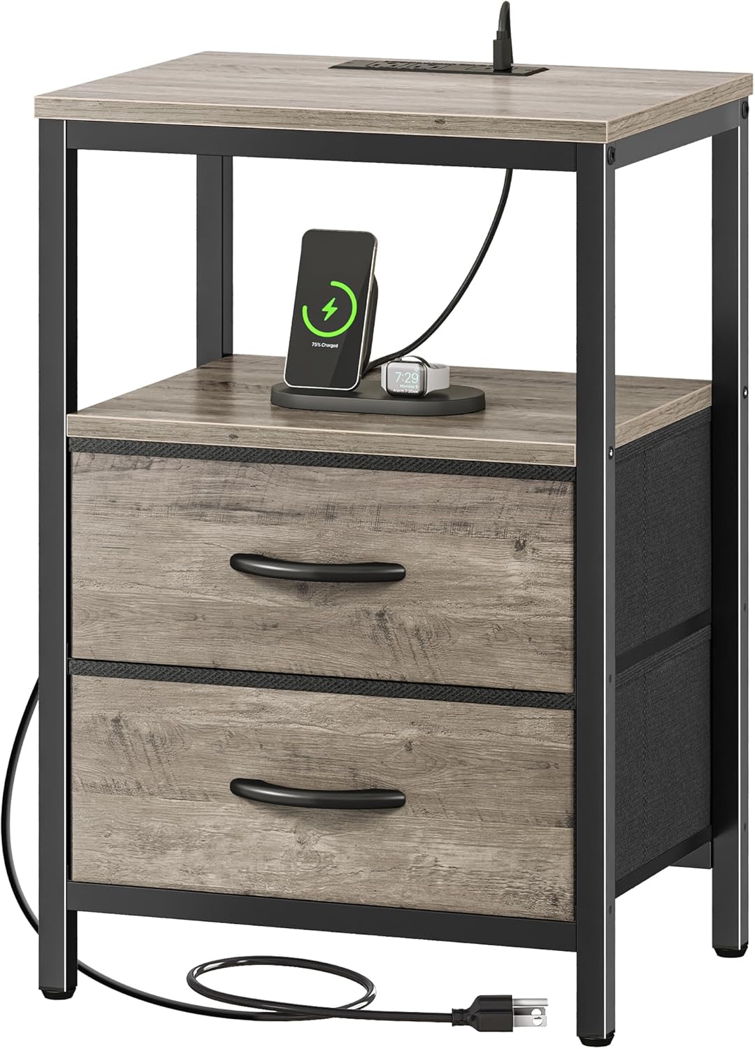 Huuger Nightstand with Charging Station, Side Table with Fabric Drawers, End Table with Open Shelf, Bedside Table with USB Ports and Outlets, Night Stand for Bedroom, Rustic Brown and Black