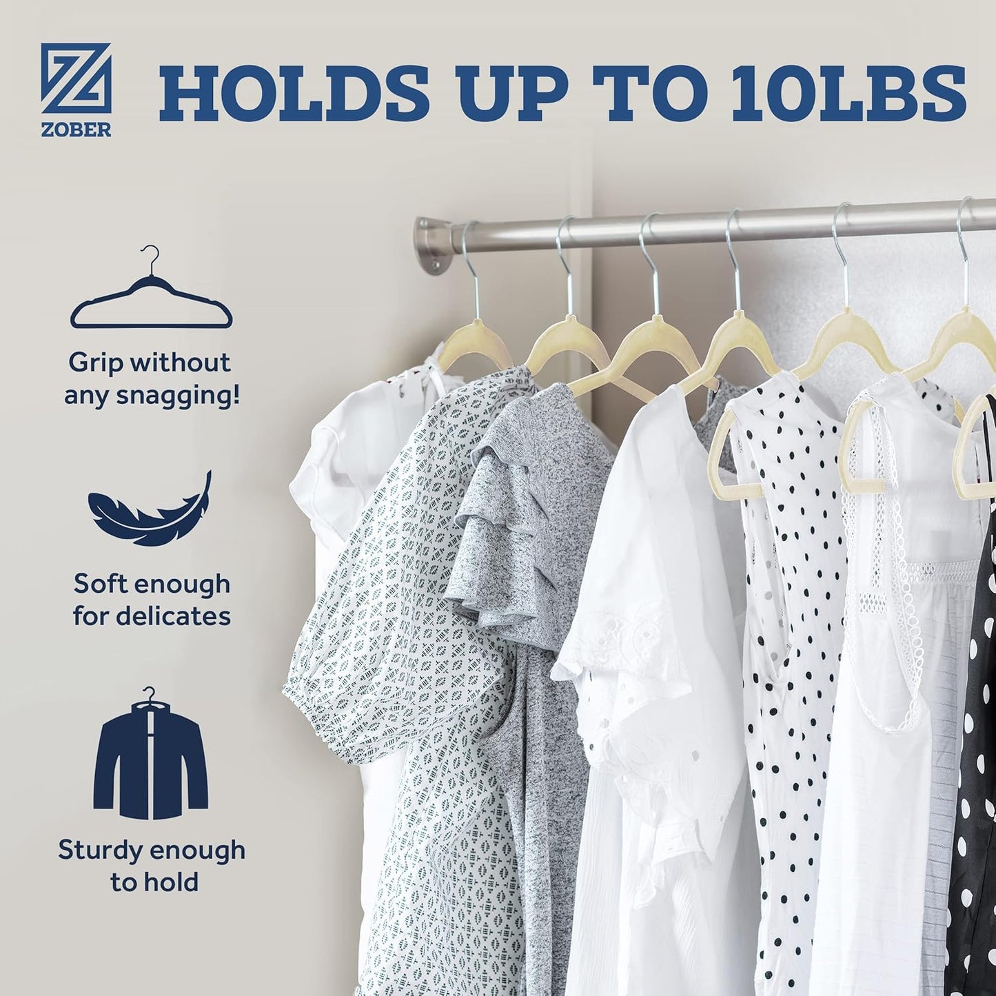 Zober Velvet Hangers 50 Pack - Ivory for Coats, Pants & Dress Clothes - Non Slip w/ 360 Degree Swivel, Holds up to 10 lbs - Strong Felt Hangers for Clothing