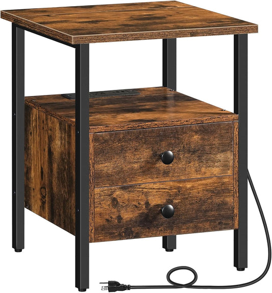 HOOBRO End Table with Charging Station, Bedside Table with 2 Drawer & USB Port & Type-C Port, Nightstand for Small Spaces, Stable and Sturdy, for Living Room, Rustic Brown BF43UBZ01