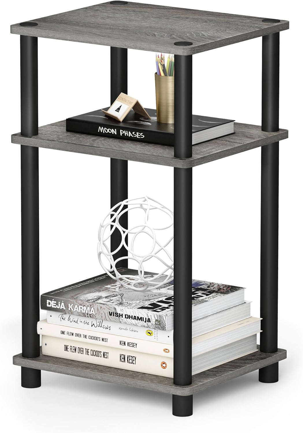 Furinno Just 3-Tier Turn-N-Tube End Table / Side Table / Night Stand / Bedside Table with Plastic Poles, 1-Pack, Columbia Walnut/Black