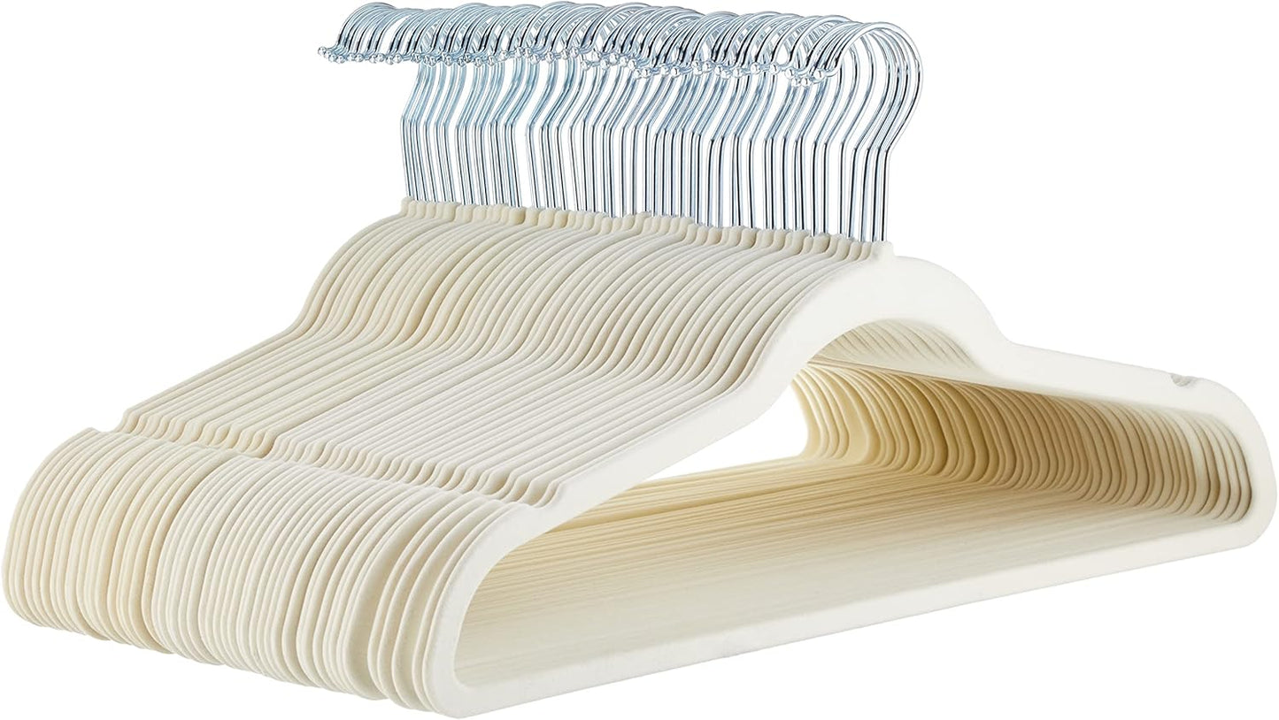 Amazon Basics Slim, Velvet, Non-Slip, Space-Saving Suit Clothes Hangers, Pack of 100, Ivory/Beige